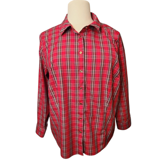 Talbots Woman Button-Up Plaid Shirt Sz 22W Red Multicolor Gold Metallic Non-Iron - Picture 1 of 5